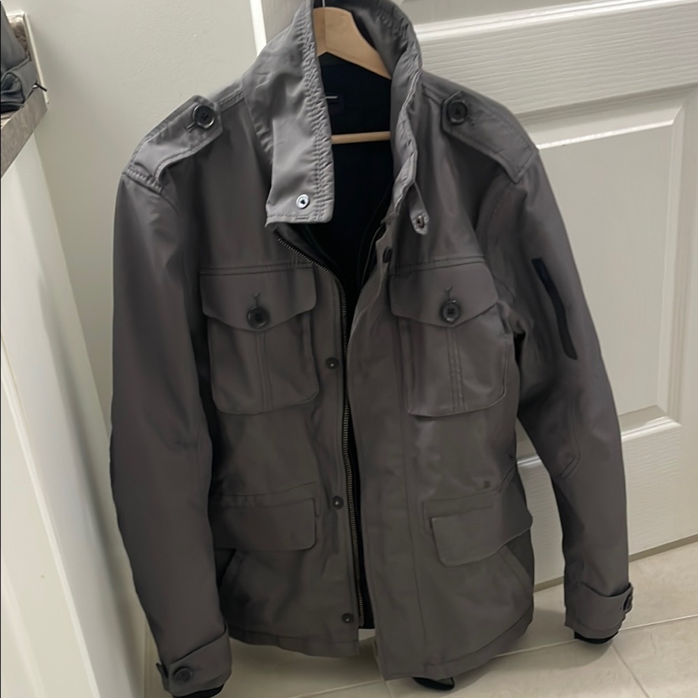 Gray Military Field Jacket with Stand-Up Collar